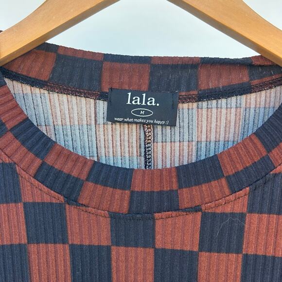 Dressed In LALA Lex Ribbed Playsuit Mocha Brown Black Checkered Set Pants Medium - Picture 11 of 12